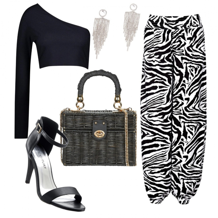 Outfit donna - Trendy #32303. Stile Trendy per Serata fuori. Abbinamento con pantaloni a palazzo, sandali col tacco, orecchini, top, borsa a tracolla.