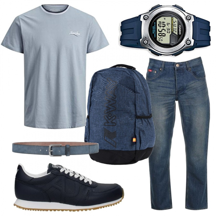 Outfit uomo - Tutti i giorni in blu. Stile Casual per Tutti i giorni. Abbinamento con sneakers, borse sportive, cinture, t-shirt, orologi digitali, jeans.
