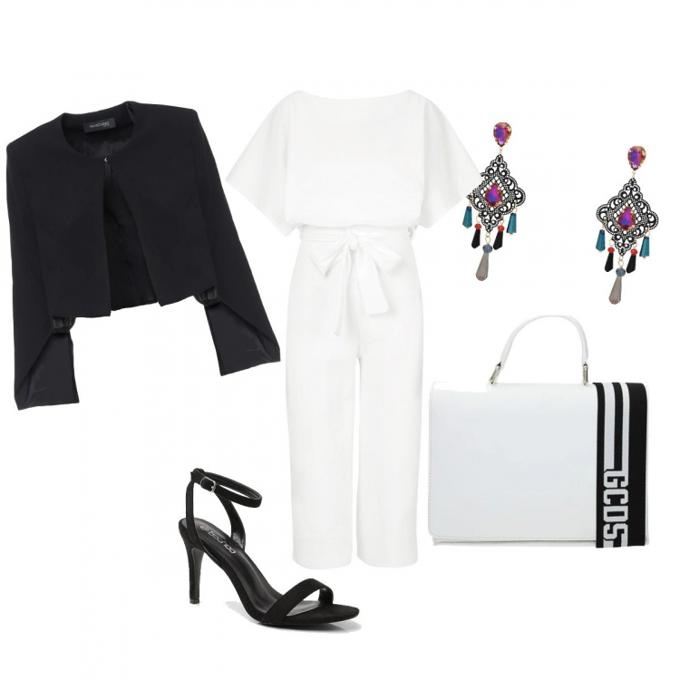 Outfit donna - Lunedì stiloso!. Stile Trendy per Ufficio. Abbinamento con scarpe col tacco, tuta, borsa a mano, orecchini, blazer.