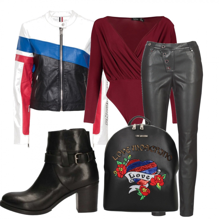 Outfit donna - Biker style. Stile Urban per Tutti i giorni. Abbinamento con top, zaini, pantaloni, stivaletti, giacca.