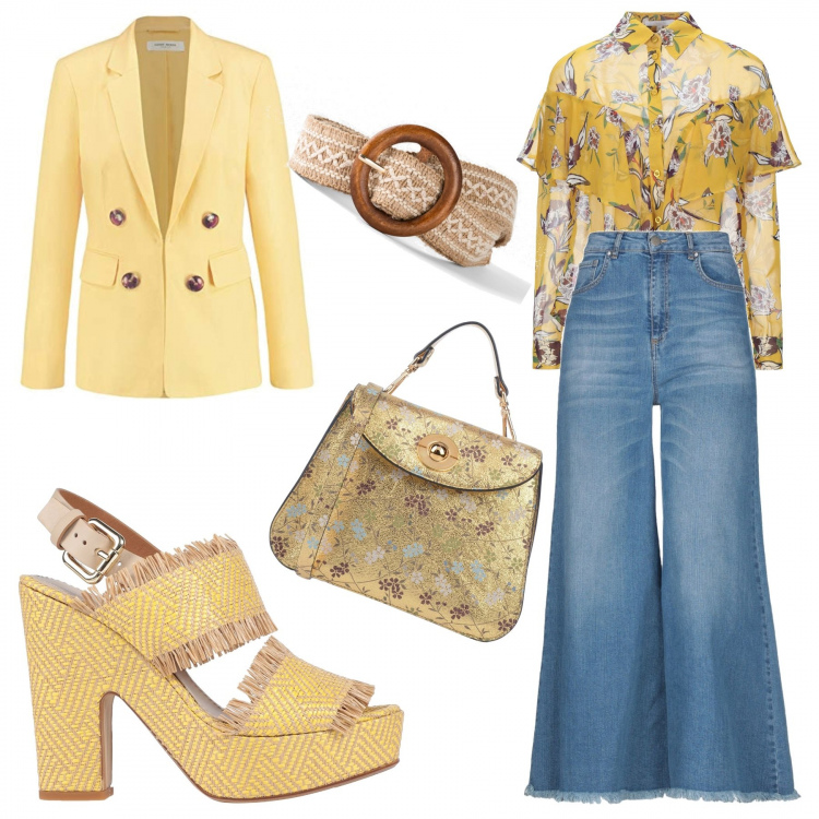 Outfit donna - Jeans anni \'70. Stile Trendy per Serata fuori. Abbinamento con cinture, camicie, pantalone lungo, sandali col tacco, borse a mano, blazer.