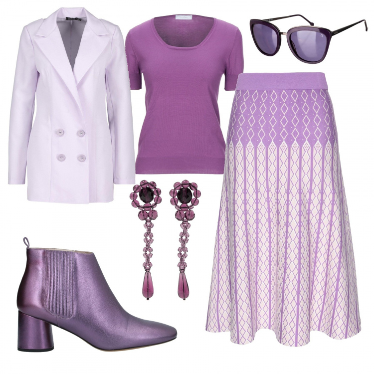 Outfit mujer - Look violeta. Estilo Trendy para Todos los días. Combinación con gafas de sol y monturas para gafas graduadas, falda longuette, suéter, blazer, pendientes, botas y anfibios chelsea.
