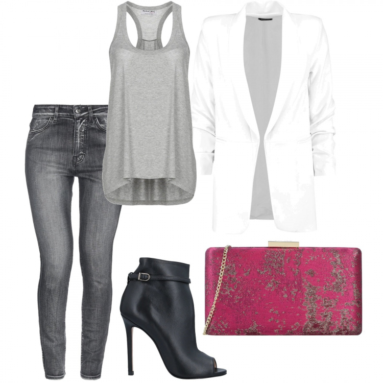 Outfit mujer - Básicos. Estilo Chic para Oficina. Combinación con camiseta sin mangas, blazer, borsa a tracolla mini, sandalias romanas, vaqueros.