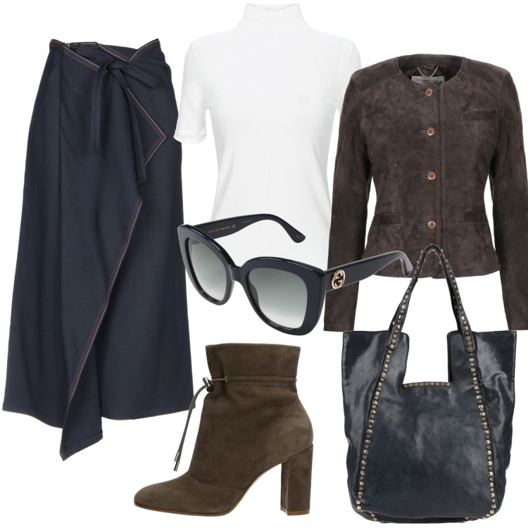 Outfit donna - Trendy #32364. Stile Trendy per Tutti i giorni. Abbinamento con giacca, gonne longuette, borse a spalla, occhiali da sole, pullovers, stivaletti.
