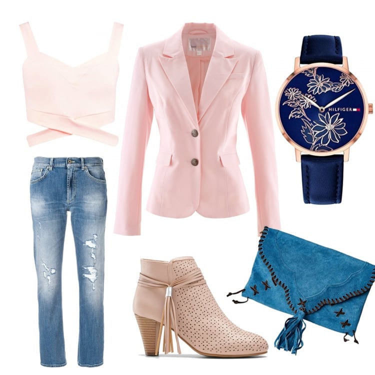 Outfit femme - La bohème chic. Style Chic pour Soirée dehors. Assortir avec blazers, bottines, clutchs et pochettes, bralette, jeans, montres analogiques.