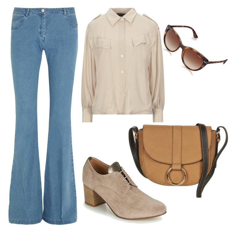 Outfit mujer - Jeans de campana. Estilo Trendy para Todos los días. Combinación con gafas de sol, zapato, borsa a tracolla, camisas.
