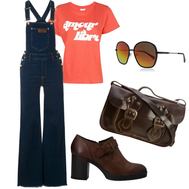 Outfit mujer - That \'70s show. Estilo Trendy para Escuela/Universidad. Combinación con gafas de sol, botines, camiseta.