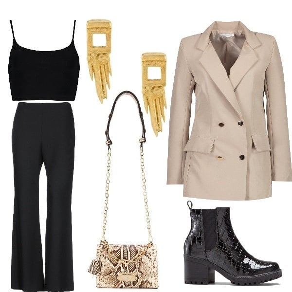 Outfit femme - Crystal. Style Tendance pour Tous les jours. Assortir avec boots, blazers, sacs à bandoulière et portés à l'épaule, boucles d'oreilles, bralette.