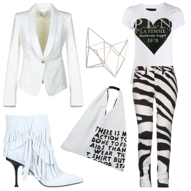 Outfit donna - Gli stivaletti con le frange. Stile Rock per Serata fuori. Abbinamento con jeans, blazer, stivaletti, borse a mano, braccialetti, t-shirt.