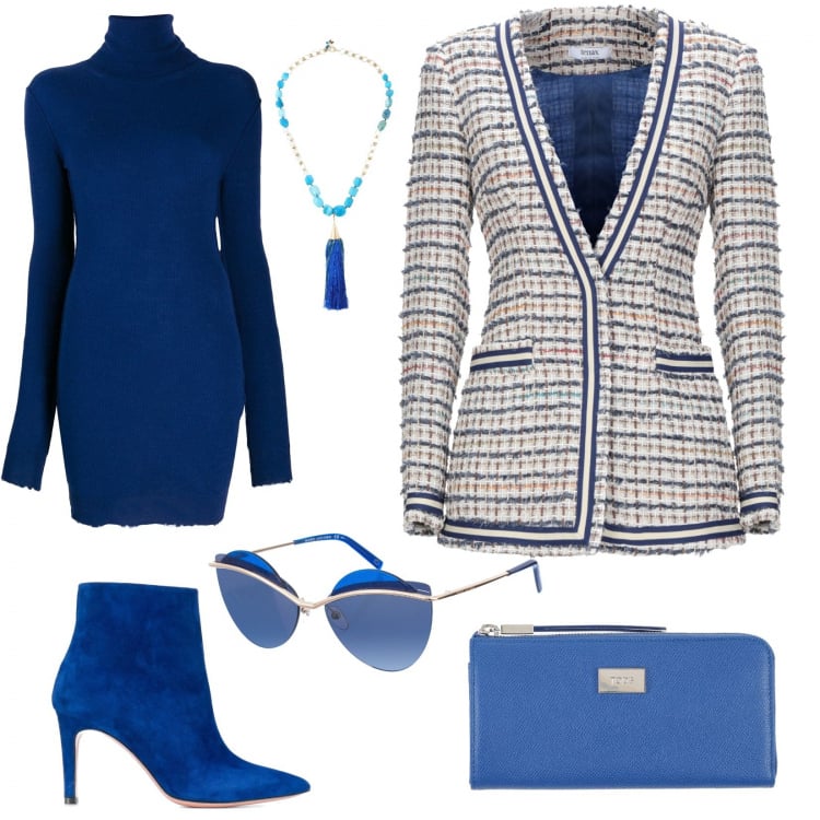 Outfit mujer - Botines+ Blazer. Estilo Bon Ton para Noche/Fiesta elegante. Combinación con blazers, collares, camiseta, botas.