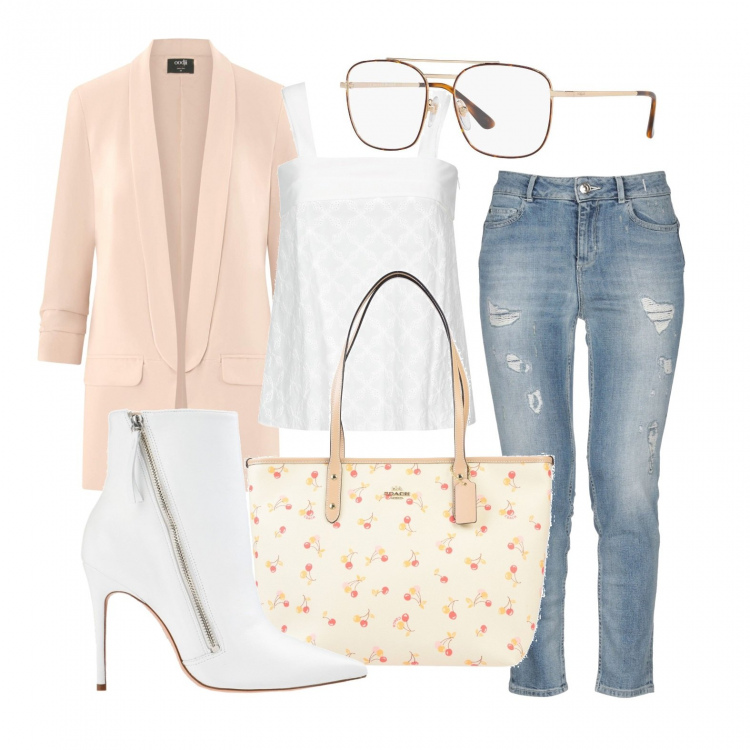 Outfit donna - Stivaletti e blazer. Stile Trendy per Tutti i giorni. Abbinamento con jeans, top, stivaletti, borsa a mano, occhiali, blazer.