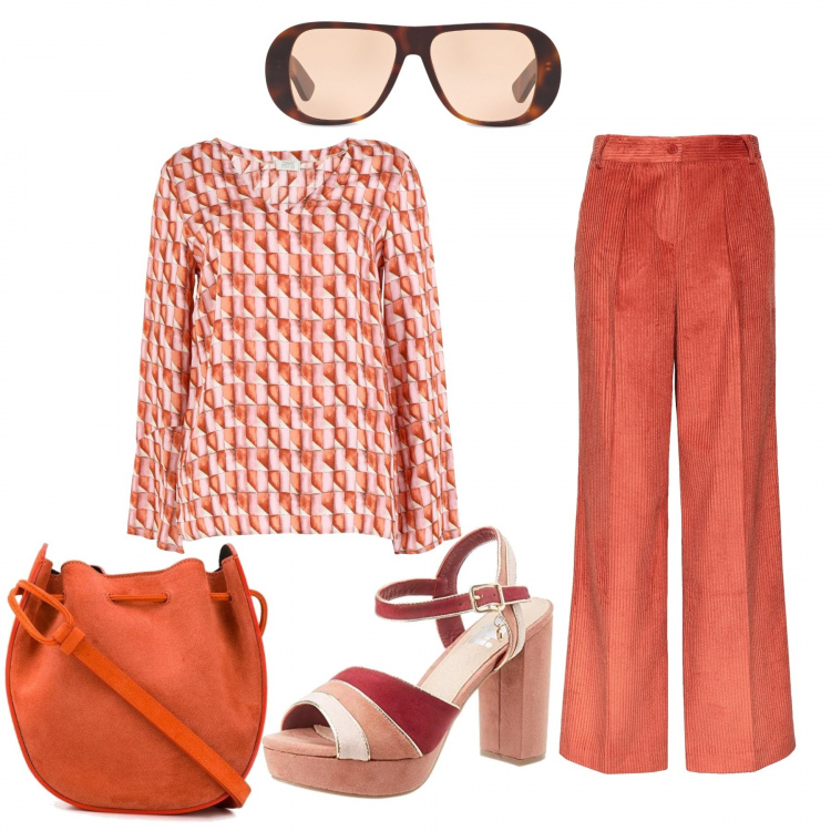 Outfit donna - Anni 70 in technicolor. Stile Trendy per Tutti i giorni. Abbinamento con pantalone lungo, bluse, borse a secchiello, occhiali da sole, scarpe col tacco.