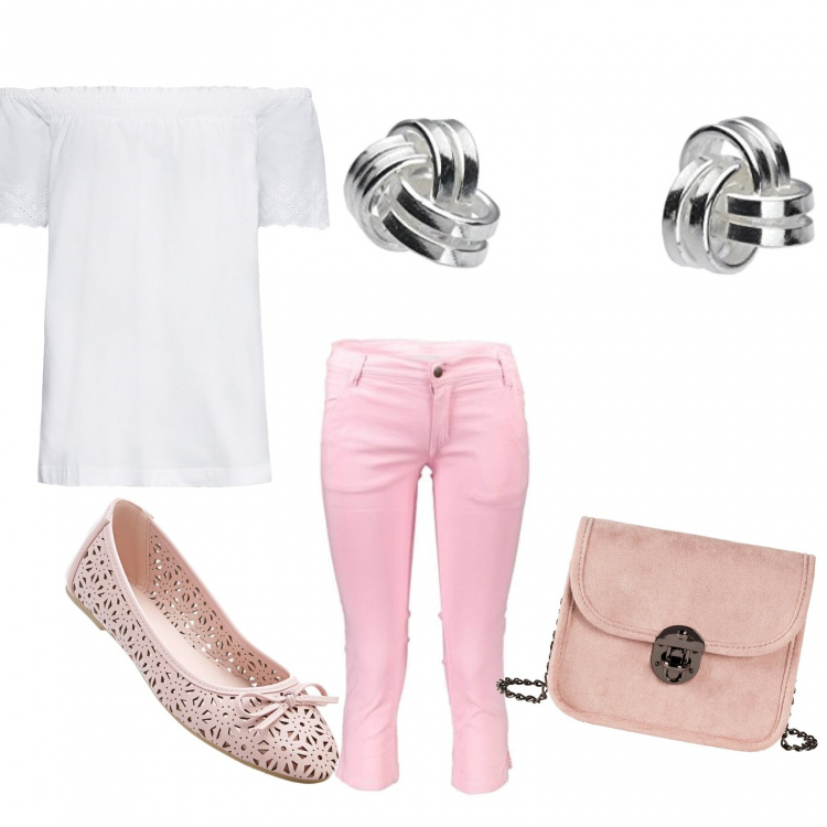 Outfit donna - Pink 70. Stile Basic per Tutti i giorni. Abbinamento con pullovers, ballerine, borse a tracolla, pantaloni capri, orecchini.