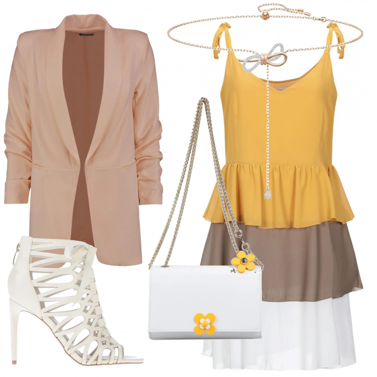 Outfit donna - Stivaletti e blazer. Stile Trendy per Serata fuori. Abbinamento con vestiti corti, stivaletti, borse a spalla, blazer, collane.
