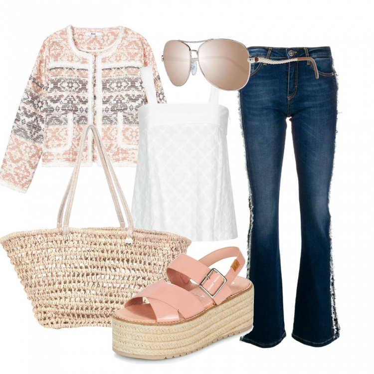 Outfit donna - 70s style. Stile Trendy per Tutti i giorni. Abbinamento con top, borsa a mano, sandali, jeans, blazer, occhiali da sole.