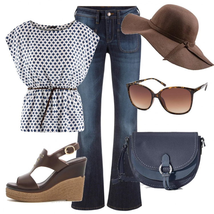 Outfit donna - Anni 70. Stile Trendy per Tutti i giorni. Abbinamento con jeans bootcut, camicia, sandali, borse a tracolla, occhiali da sole, cappelli.