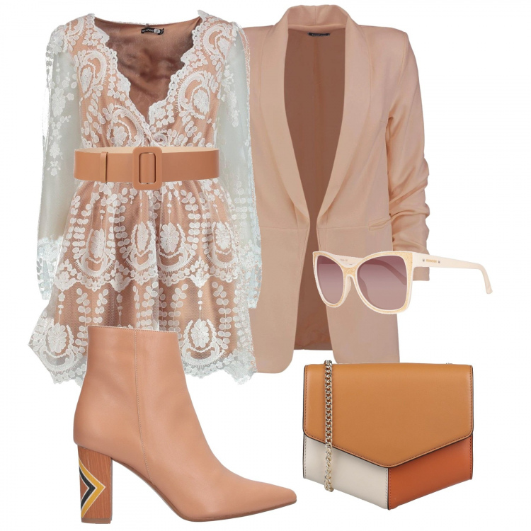 Outfit donna - Miele. Stile Sexy per Ufficio. Abbinamento con cinture, stivaletti, borse a spalla, vestiti, blazer, occhiali da sole.