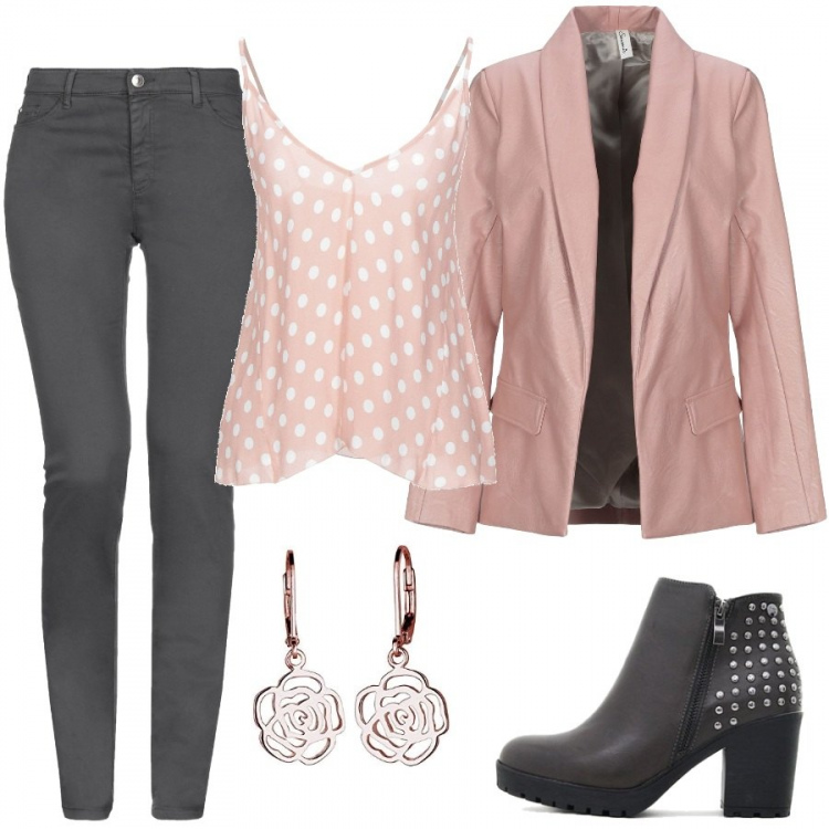 Outfit mujer - Pink & Grey. Estilo Chic para Oficina. look ideal para Tall/Alta. Combinación con pendientes, botines, pantalone, top, chaqueta.