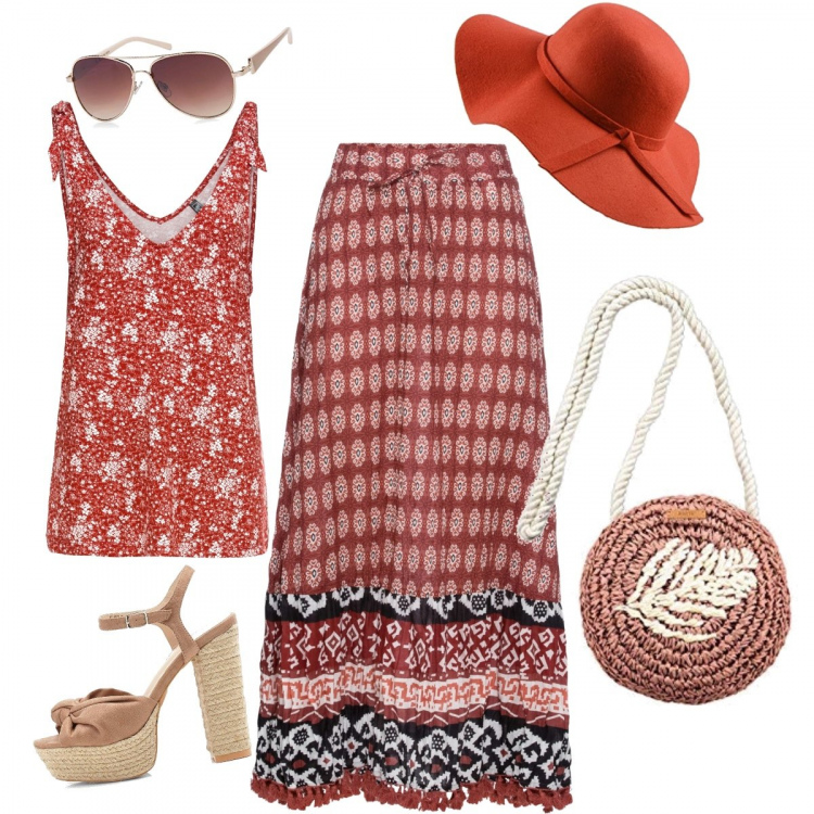 Outfit femme - Esprit Seventies. Style Ethnique pour Tous les jours. Assortir avec jupes longues, hauts, sacs en bandoulière, chapeaux, lunettes de soleil.
