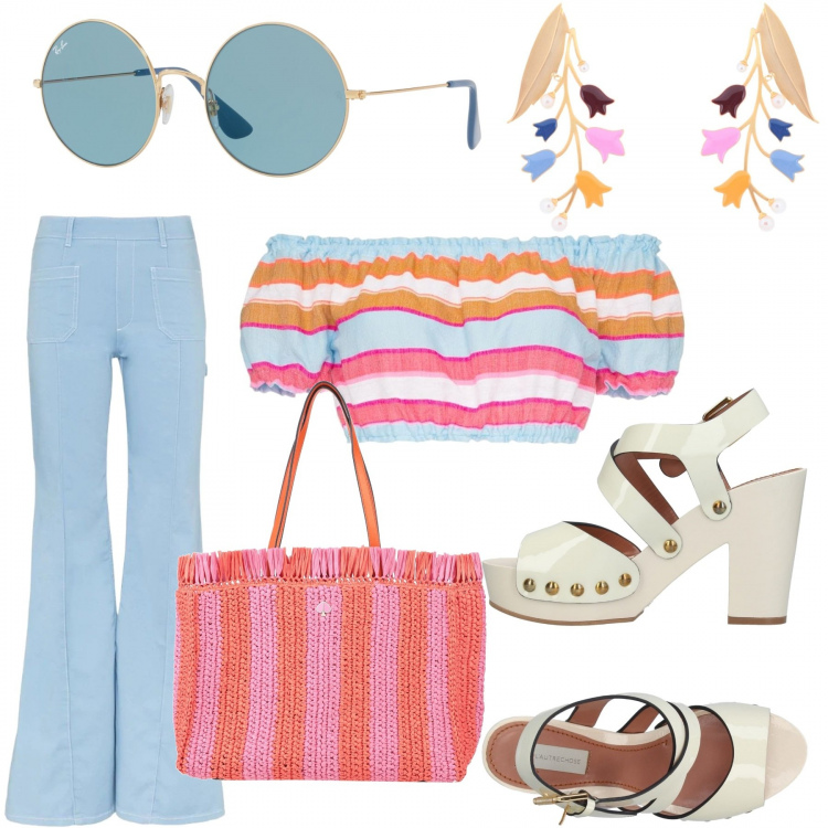 Outfit mujer - Los 70!. Estilo Étnico para Todos los días. Combinación con gafas de sol y monturas para gafas graduadas, pendientes, bolsos de hombro, top.