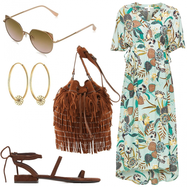 Outfit mujer - Unos 70 llevables. Estilo Étnico para Oficina. Combinación con vestido, pendientes, gafas graduadas, bolsos de hombro, sandalias de piel.