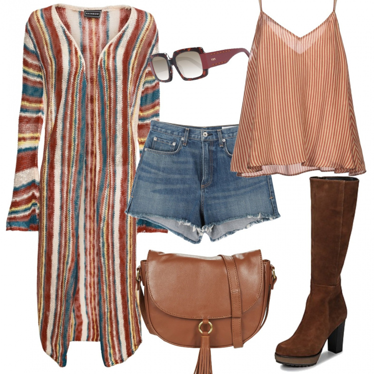 Outfit donna - Pronta per Woodstock. Stile Trendy per Serata fuori. look ideale per Petite. Abbinamento con cardigans, top, shorts, stivali, borsa a tracolla, occhiali da sole.