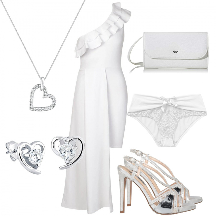 Outfit donna - Joyful Bride #4. Stile Chic per Cerimonia. Abbinamento con sandali col tacco, slip, vestito corto, borse a tracolla, collana, orecchini.