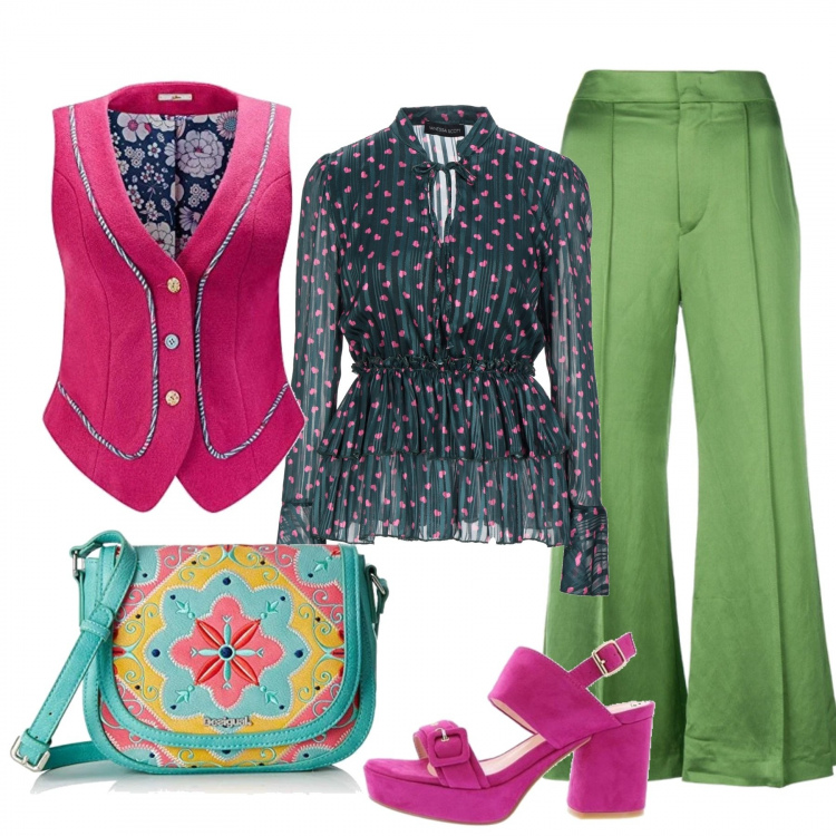 Outfit mujer - Mezcolanza. Estilo Trendy para Todos los días. Combinación con chaqueta, bolsos de hombro, sandalias, blusas, pantalones capri.