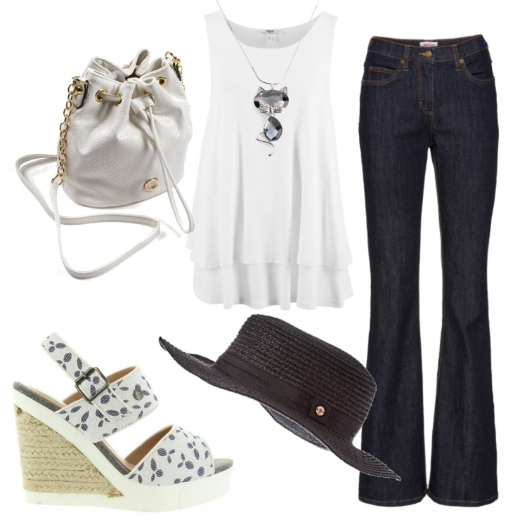Outfit donna - Urban #13382. Stile Urban per Tutti i giorni. Abbinamento con jeans bootcut, top, collane, sandali, borse a mano, cappello con visiera.