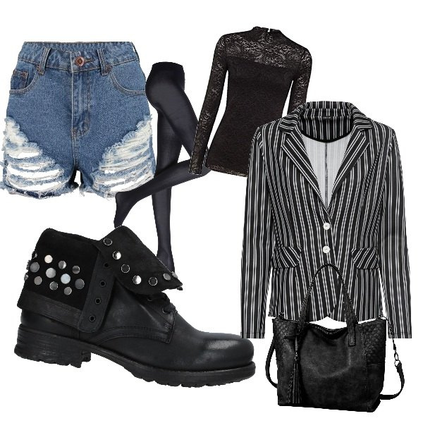 Outfit femme - Sexy rock. Style Rock pour Tous les jours. Assortir avec blazer, collants, sac cabas, chaussure à talon, t-shirts, short.