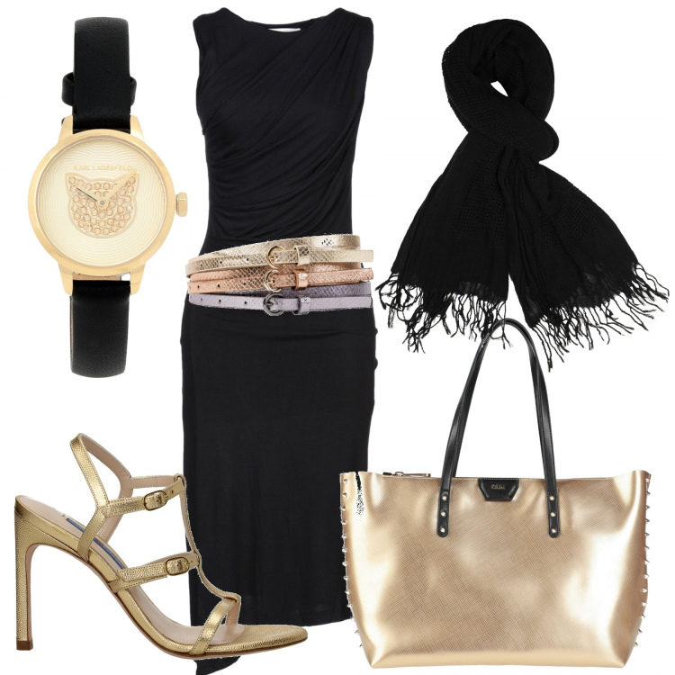 Outfit donna - Trendy #32483. Stile Trendy per Tutti i giorni. Abbinamento con cinture, vestito longuette/midi, borse a mano, orologi, sandali, scialli.