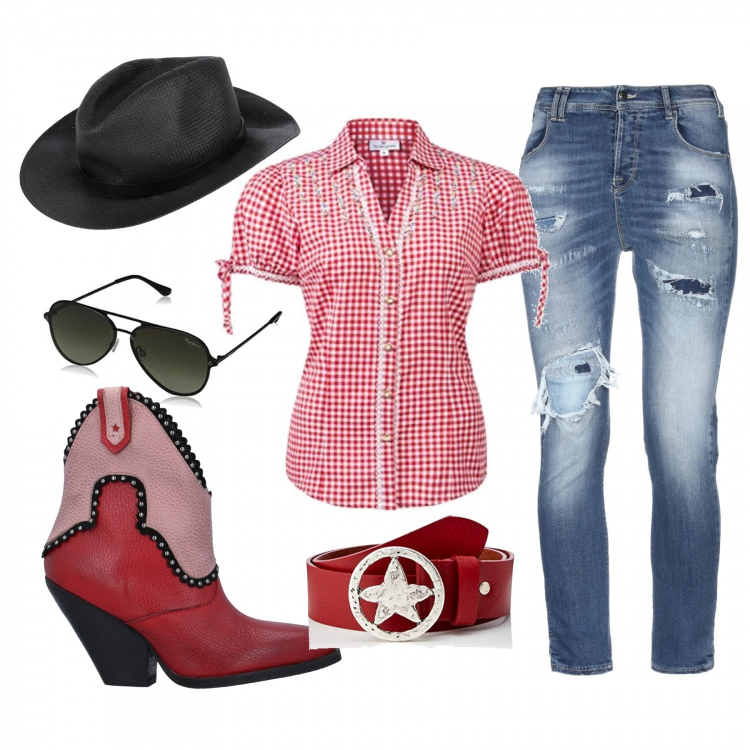 Outfit mujer - Country girl. Estilo Étnico para Todos los días. Combinación con blusa, cinturones, gafas de sol, vaqueros, botines, sombreros.