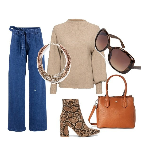 Outfit femme - Look année 70. Style Basique pour Tous les jours. Assortir avec pulls, jeans, colliers, sac cabas, lunettes de soleil et montures pour lunettes de vue, bottines.