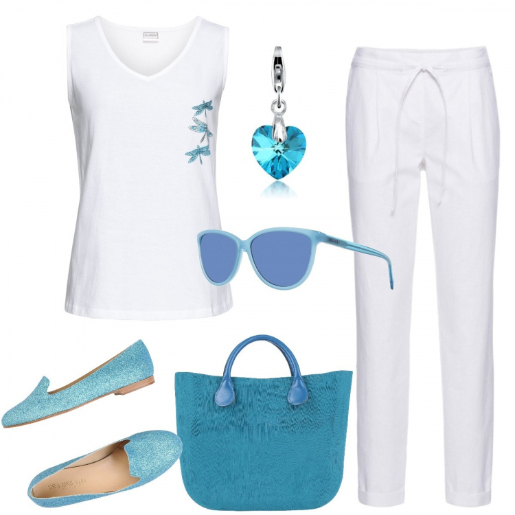 Outfit donna - Basic bianco e azzurro. Stile Basic per Tutti i giorni. Abbinamento con pantaloni, maglione, mocassini, borse a mano, ciondolo, occhiali da sole.