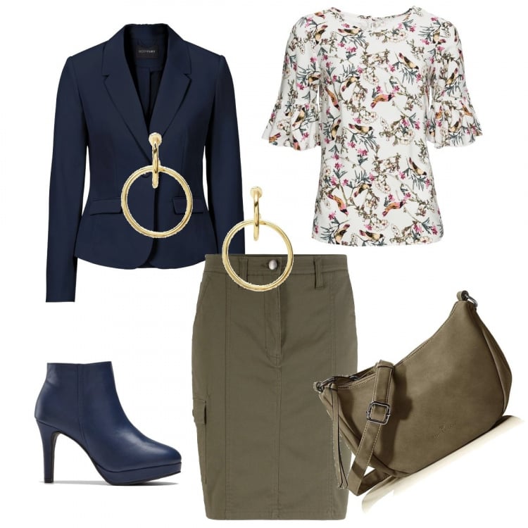 Outfit femme - Un air militaire. Style Basique pour Bureau. Assortir avec blazers, chaussure à talon, jupes, sacs en bandoulière, boucles d'oreilles.