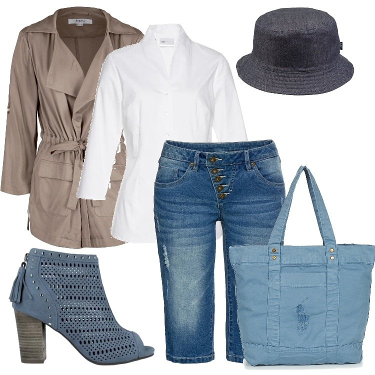 Outfit donna - Pioggia tarda primavera - Curvy. Stile Trendy per Tutti i giorni. Abbinamento con camicie, bermuda, cappotti, stivaletti, borsa tote, cappelli.