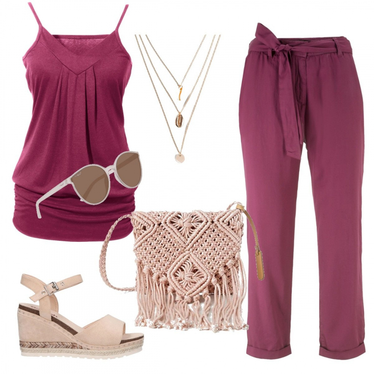 Outfit donna - Passeggiata al tramonto. Stile Basic per Tutti i giorni. Abbinamento con top, pantalone lungo, collane, sandali, borse a spalla, occhiali da sole.