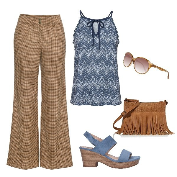Outfit donna - 70 frange. Stile Trendy per Tutti i giorni. Abbinamento con vestiti, pantaloni, sandali, borse a spalla, occhiali da sole.