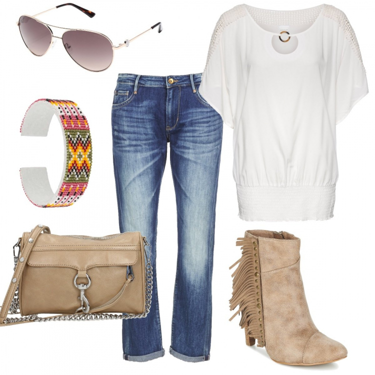 Outfit donna - Blusa bianca every day. Stile Trendy per Tutti i giorni. Abbinamento con bluse, occhiali da sole, borsa a tracolla, stivaletti, jeans boyfriend, braccialetti.