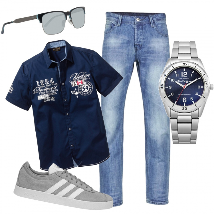 Outfit uomo - Fashion jeans. Stile Trendy per Tutti i giorni. Abbinamento con camicie a manica corta, jeans, sneakers, occhiali da sole.