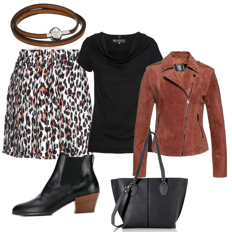 Outfit donna - Gonna maculata e giubbotto scamosciato. Stile Trendy per Tutti i giorni. Abbinamento con top, maglia, gonne longuette, stivaletti, braccialetto, borse a spalla.