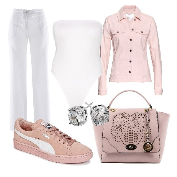 Outfit donna - Borsa traforata. Stile Urban per Tutti i giorni. Abbinamento con pantaloni a palazzo, blazer, corpo, sneakers, borse a mano, orecchini.
