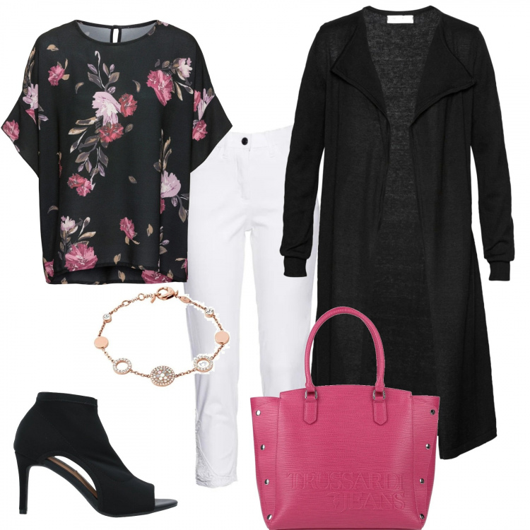 Outfit donna - L\'immancabile jeans bianco. Stile Trendy per Ufficio. Abbinamento con borse a mano, stivaletti, cardigans, bluse, jeans, braccialetto.