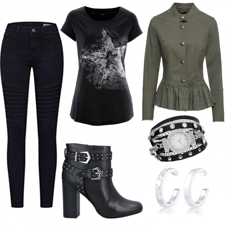 Outfit donna - Giacca e stivaletti, rock. Stile Rock per Tutti i giorni. Abbinamento con t-shirt, blazer, orologio, stivaletti, pantaloni, orecchini.
