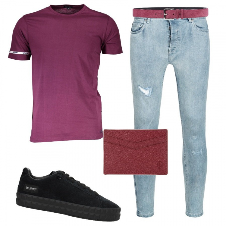 Outfit uomo - Un po di viola. Stile Trendy per Tutti i giorni. Abbinamento con sneakers, t-shirt, portafogli, cinture, jeans.