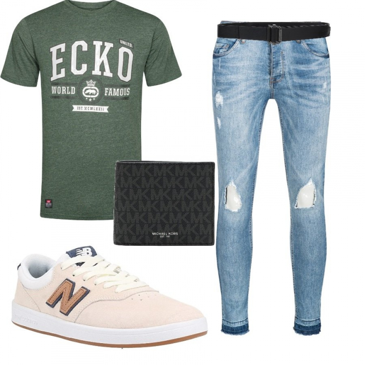 Outfit uomo - Un po di liberta'. Stile Trendy per Tutti i giorni. Abbinamento con sneakers, portafogli, cintura, t-shirt, jeans.