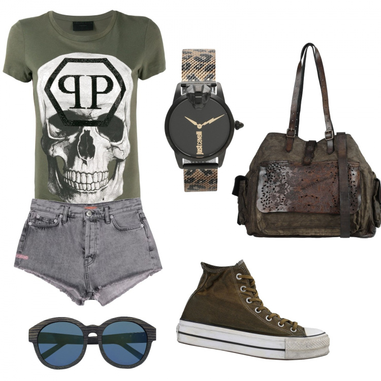 Outfit mujer - Grunge. Estilo Urban para Todos los días. Combinación con sneakers, camiseta, bolsos, shorts, gafas de sol, reloj.