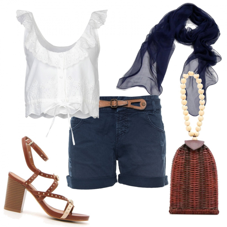 Outfit donna - Shorts e tacchi. Stile Trendy per Tutti i giorni. Abbinamento con sciarpe, borse tote, top, shorts, sandali.