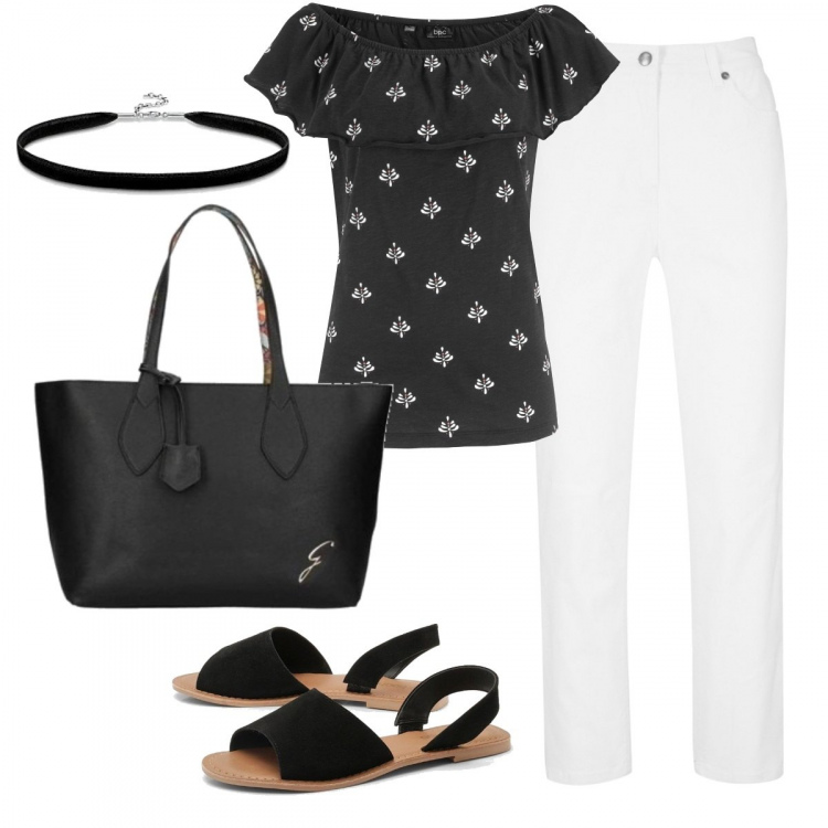 Outfit donna - Basic #20583. Stile Basic per Ufficio. Abbinamento con pantaloni, pullovers, sandali, shopping bag, ciondoli.