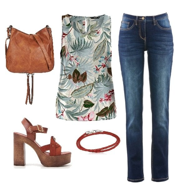 Outfit donna - Foresta. Stile Basic per Tutti i giorni. Abbinamento con jeans dritti, borsa a spalla, top, sandali, braccialetto.